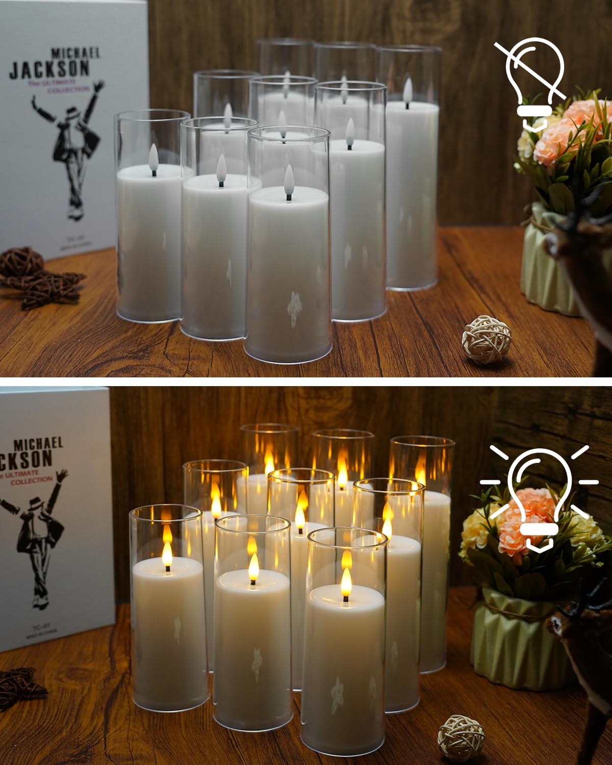 kakoya Flickering Flameless Candles Battery Operated with Remote and 2/4/6/8 H Timer Acrylic Led Pillar Candles Pack of 9 (appr D2.3"xH5.5"6.5"7.5")with Realistic 3D Wick Candles for Home Decor(White)