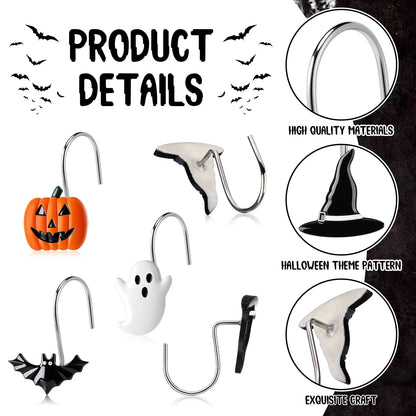 Yungyan 12 Pcs Halloween Ghost Shower Curtain Hooks Pumpkin Curtain Hangers Bat Witch Decorative Rings Accessories for Halloween Bathroom Restroom Decor