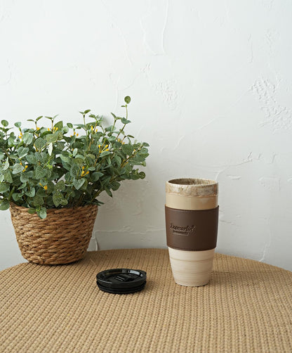 Bosmarlin Ceramic Travel Coffee Cup with Lid, 21 oz, Portable Coffee Mug for Car Cup Holder, Microwave and Dishwasher Safe, Reactive Glaze (Brown Grey)