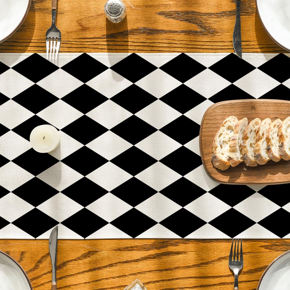 Artoid Mode Diamond Plaid Black Table Runner, Seasonal Halloween Party Kitchen Dining Table Decoration for Home Party Decor 13x90 Inch