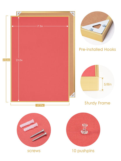 Lightomorrow Bulletin Board 23.6 x 17.7 inches, Coral Red Pin Board, Golden Aluminum Framed Fabric Cork Board with 10 Push Pins