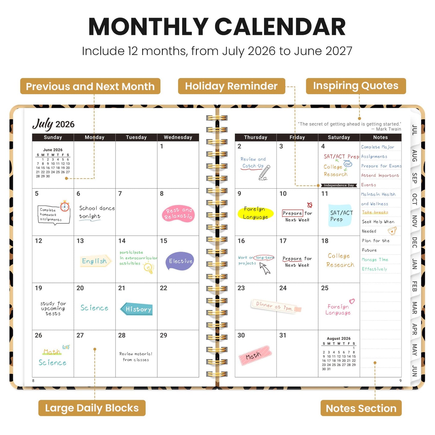 Planner 2026-2027, Monthly and Weekly Academic Planner July 2026 - June 2027, Hardcover Student Teacher Planning Agenda Calendar Book with Tabs, Perfect for Office School Supplies, A5 (6.3" x 8.5") - Leopard