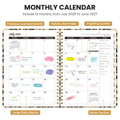 Planner 2026-2027, Monthly and Weekly Academic Planner July 2026 - June 2027, Hardcover Student Teacher Planning Agenda Calendar Book with Tabs, Perfect for Office School Supplies, A5 (6.3" x 8.5") - Leopard