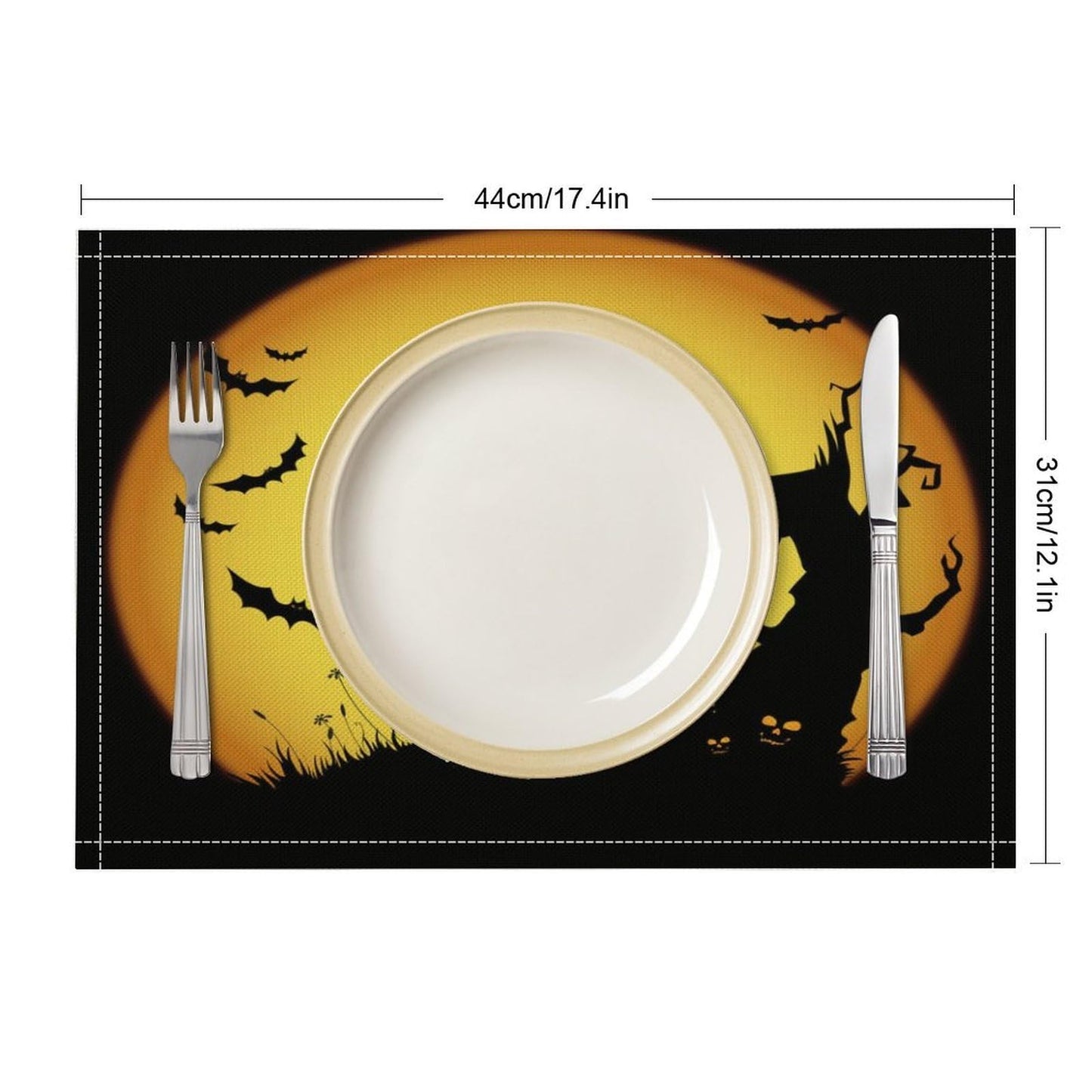 Halloween Placemats Set of 4, 17x12 Inch Orange Moon Scary Pumpkins Bats Owls Black Silhouette Table Mats for Home Party Kitchen Dining Decor