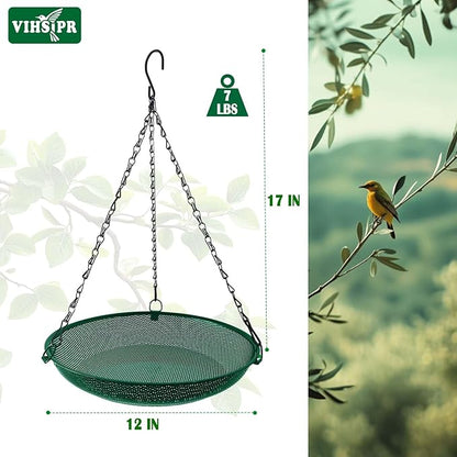 Hanging Bird Feeder for Outdoors – 12 in Platform Bird Feeder, Metal Mesh Seed Tray for Wild Birds, Green