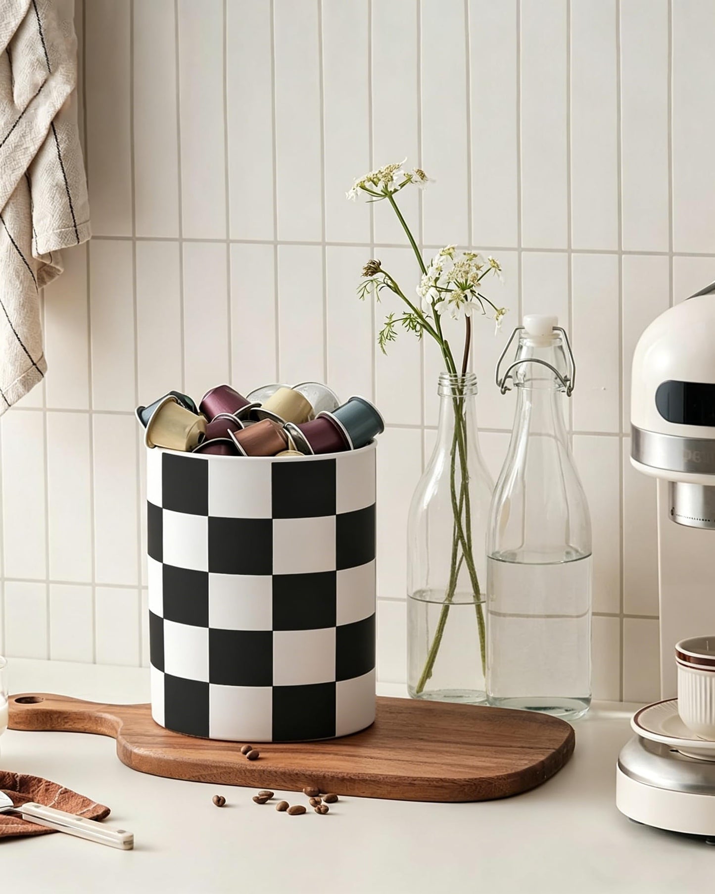 Swkien Checkered Kitchen Utensil Holder - 7.2" Ceramic Utensil Crock for Countertop, Kitchen Decor and Accessories for counte (Black)