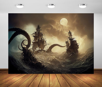 BELECO 7x5ft Fabric Fantasy Pirate Ship Backdrop Full Moon Night Octopus Monster Horror High Seas Nautical Background Pirate Party Decorations Halloween Decor Birthday Shoot Studio Photo Props