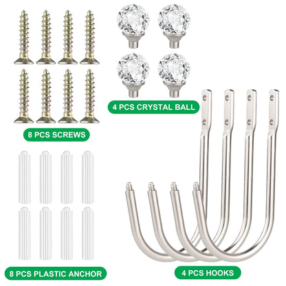 gobutend Curtain Holdbacks, 4 pcs Curtain Tiebacks Hooks for Drapes with Clear Crystal Ball, Wall Mounted Window Curtain Holder for Home Decor, Silver