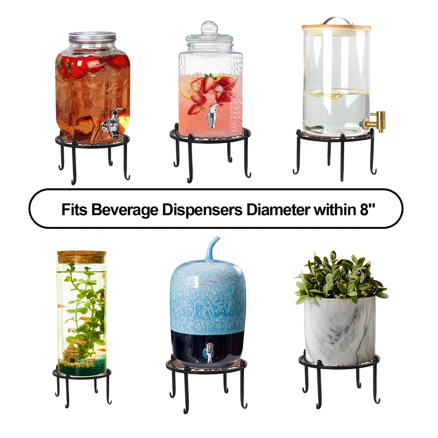 Kcgani Heavy-duty Metal Beverage Drink Dispensers Stand, Drinking Crock Cold Water Glass Container Holder, Countertop Rack Base for Juice Lemonade Dispenser Mason Jar, Max Diameter 8", Black