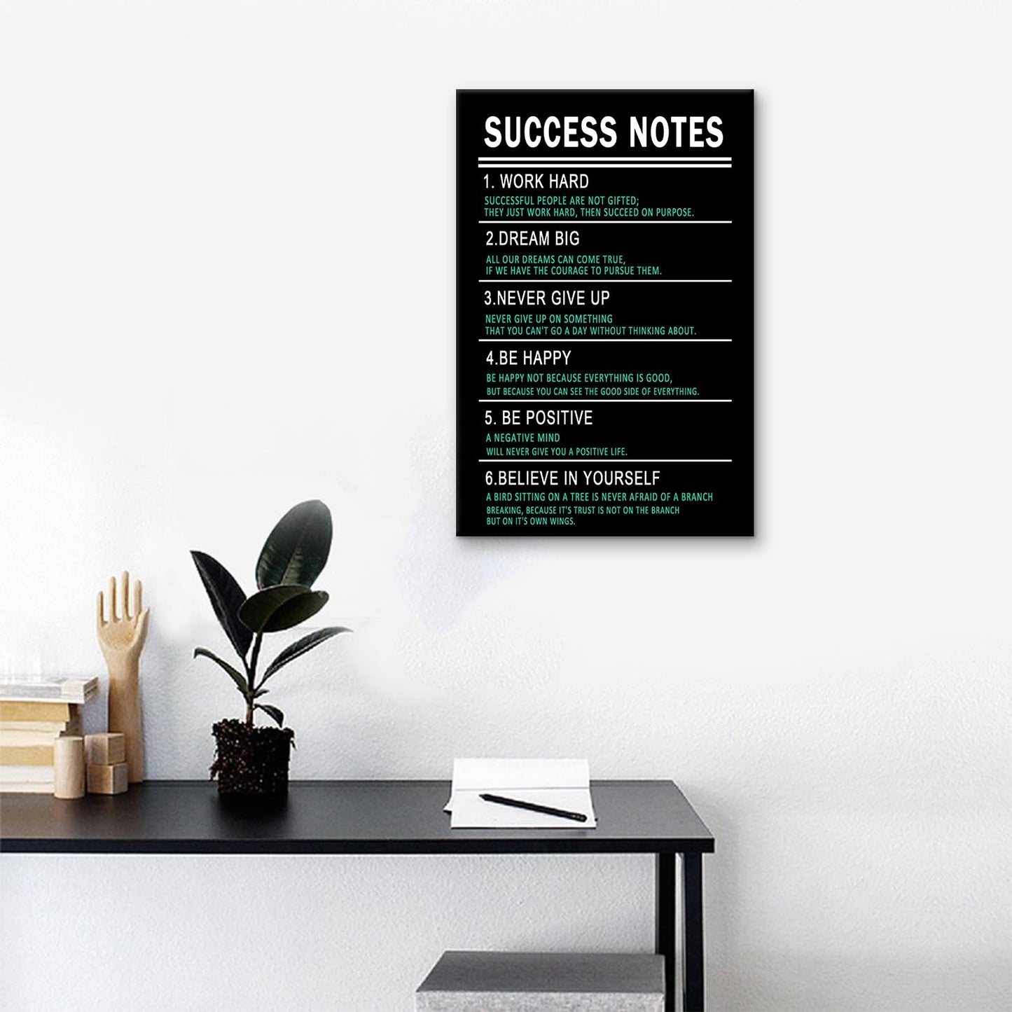 PSYYSP Success Notes Motivational Wall Art Framed Success Quote Canvas Print Inspirational Office Decor for Entrepreneurs Students Study Room Modern Minimalist Black Green Poster 18x12 Inch