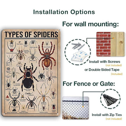 Types of Spiders Metal tin Sign Suitable for Insect Lovers, Study Rooms, Animal Crawl Spaces, Man cave 12 * 8 inch