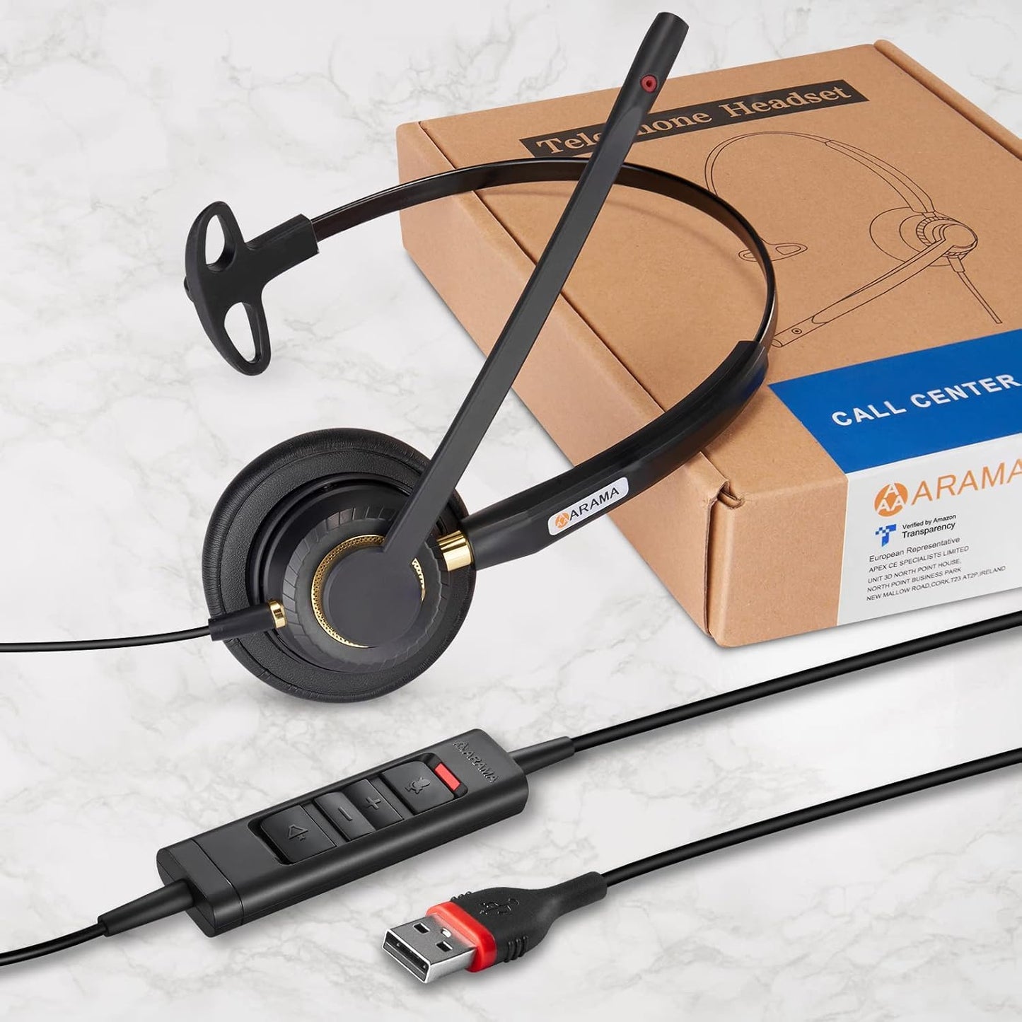 Arama USB Headset with Microphone for PC, Noise Cancelling & Audio Controls Ultra Comfort USB Headphone for Computer Laptop Pc Business Skype UC Webinar Call Center Office