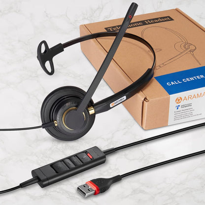 Arama USB Headset with Microphone for PC, Noise Cancelling & Audio Controls Ultra Comfort USB Headphone for Computer Laptop Pc Business Skype UC Webinar Call Center Office