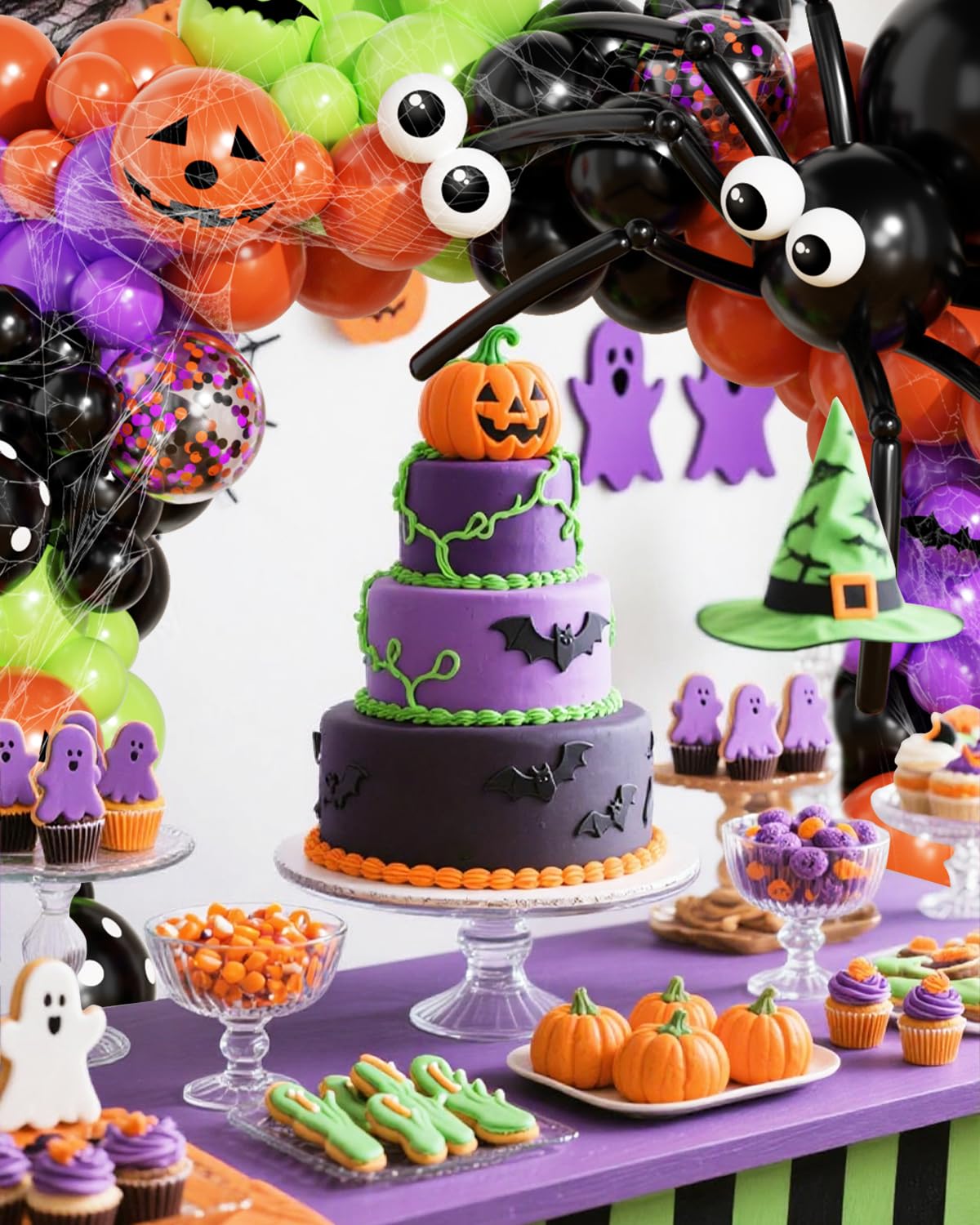 136Pcs Halloween Balloon Garland Arch Kit with Purple Black Orange Green Eyes Balloons, Bats, Spider Web for Halloween Party Decorations