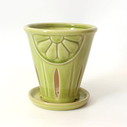Gniliny Ceramic Orchid Pot with Slotted Holes, 5.39 Inch Crackle Glaze Apple Green Planter with Daisy Relief & Tray, Breathable Vertical Slotted Orchid Container for Repotting