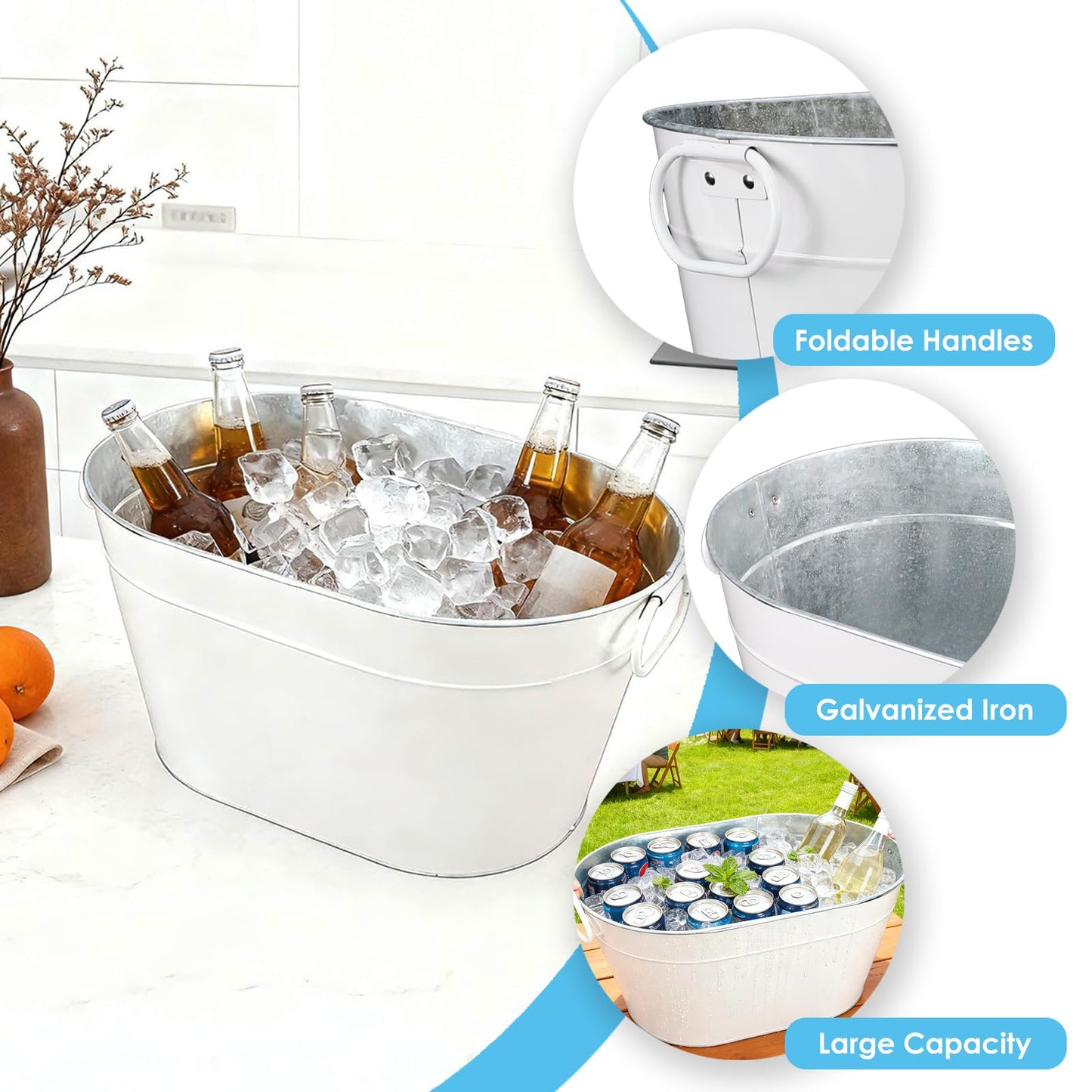 1PC Galvanized Tub Ice Bucket for Parties, Thick Metal Galvanized Drink Buckets, Beverage Tub with Handles, Drink Bucket for Indoor & Outdoor Party (White)