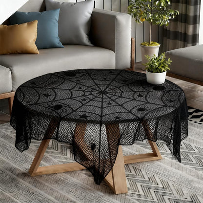 QINYIER 3Pcs Halloween Lace Tablecloths, Black Spiderweb Table Cloths (Rectangle and Round), Fabric Cover for Fireplace, Side Table, Lampshade, Halloween Party Decor