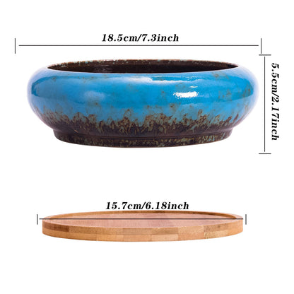 ARTKETTY Succulent Pots - Large Succulent Planters with Drainage, 7.3 Inch Ceramic Bonsai Pots with Bamboo Tray Set of 2, Shallow Cactus Flower Planter Bowl for Indoor