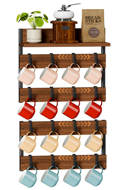 Dhmkfly 2-in-1 Coffee Cup Holder Wall Mounted, 4-Tier Coffee Mug Holder Wall Mount with 16 Adjustable Hooks and Display Shelf, Wooden Mug Rack Hanger Organizer for Home Kitchen Display and Collection