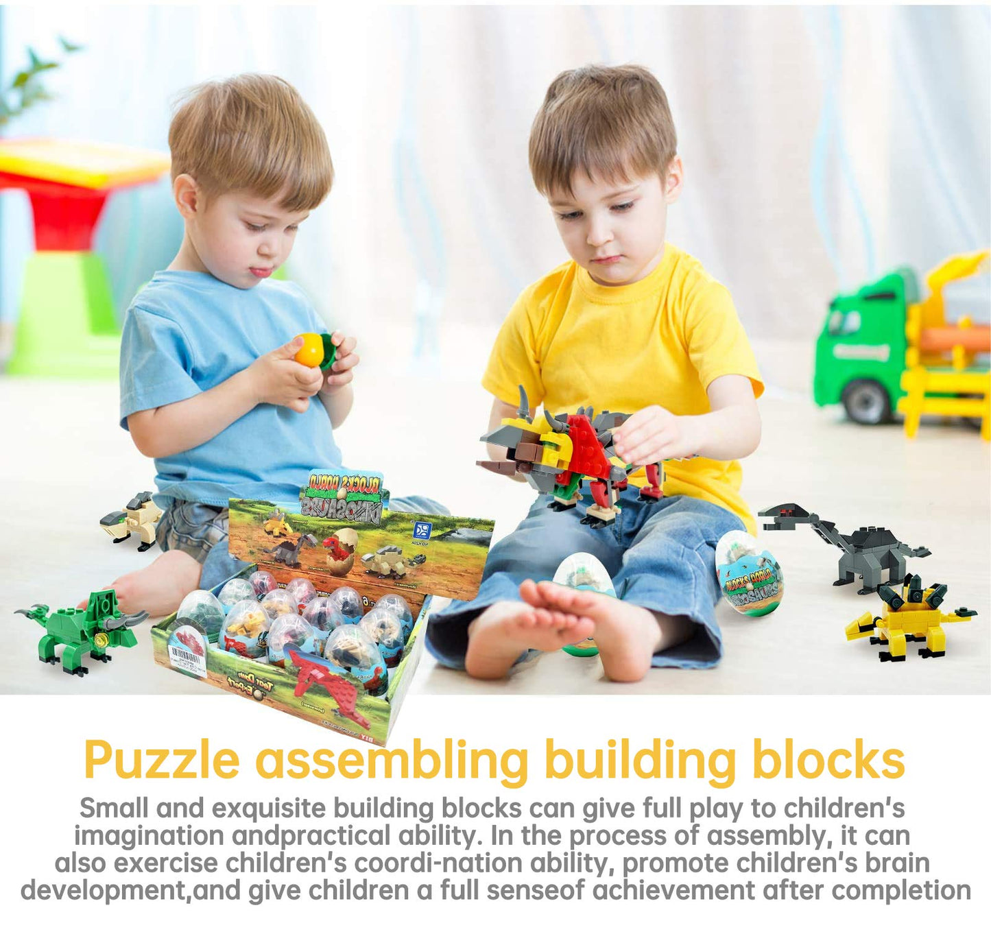 auryee 12PCS Pre Filled Easter Eggs Dinosaurs Party Favors Party Supplies Building Blocks Mini Animal Educational Toy Stacking Block Sets Science STEM Gift for Boys & Girls Kids Age 6+
