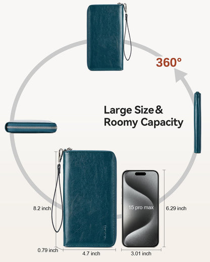 BOSTANTEN Leather Wallet for Women RFID Blocking Zip Around Credit Cards Holder Phone Clutch Peacock Blue