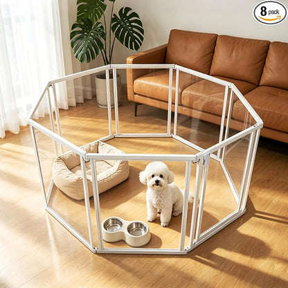 24" H Clear Dog Playpen Indoor, Metal Frame Acrylic Dog Play Pen Cage with Door - 8 Panels, Easy Assemble Pet Fence, DIY Foldable Puppy Pen for Ducks Cat Rabbit Small & Medium Pets- White