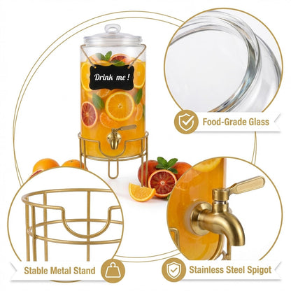 Drink Dispensers for Parties 1 Gallon, Bevarage Dispenser with Stand,Glass Drink Dispenser With Stainless Steel Spigot + Marker & Chalkboard, Ideal for Lemonade,Juice, Tea, and Party Drinks