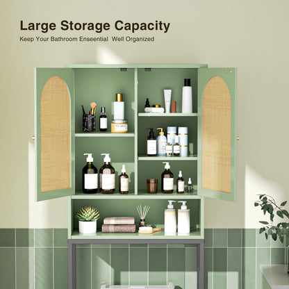 Befrases Rattan Toilet Storage Cabinet, Over the Rack Wood Cabinet with Metal Stand, Bathroom Organizer with Adjustable Shelf, Space Saving Cupboard for Small Bathrooms, Washer Shelf, Green