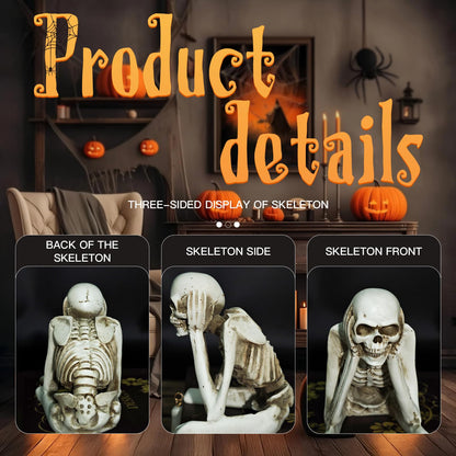 Halloween Skeleton Statues Set of 3 – See No Evil, Hear No Evil, Speak No Evil, Resin Skull Figurines for Gothic Home Decorations, Shelf Mantel Decor, Tabletop Halloween Decor Indoor (3-Piece Set)