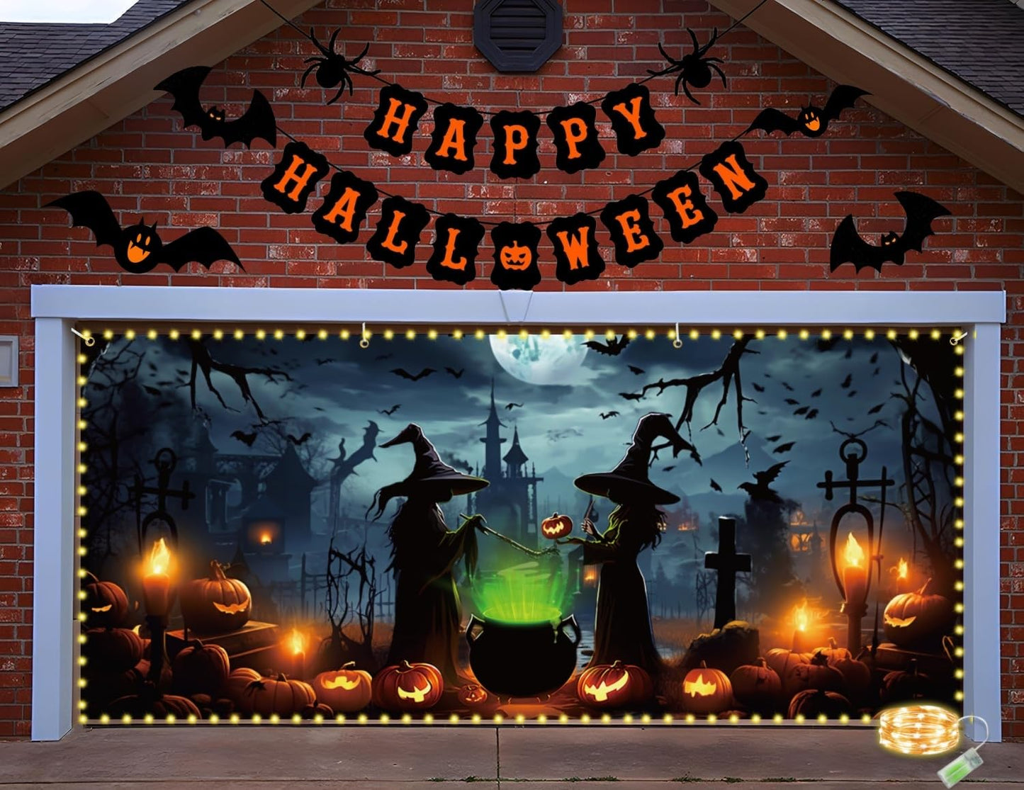 Lighted Halloween Garage Door Decorations Banner, Witch Cover With LED Light Strap, Hanging Backdrop for Outdoor Indoor Spooky Party Wall Yard Decor 6 x 13 ft