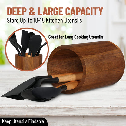 Homeries Acacia wood Utensil Holder for Kitchen Counter Decor, Cooking Utensil Holder Organizer - Kitchen Utensil Storage Organizer for Countertops, Pantry, Bathroom, Office & Center Table