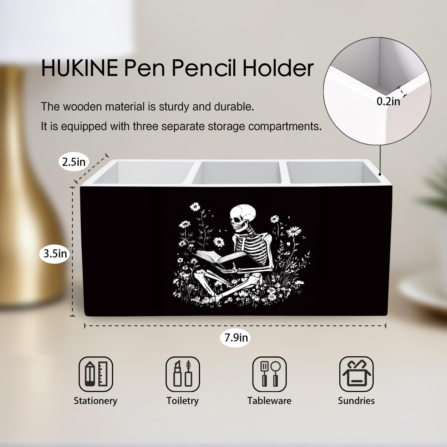HUKINE Gothic Skeleton Bookish Pen Holder for Desk Decoration, Witchy Gothic Skull Reading Book Wooden Box Sign Pencil Holder Organizer for Home Office Desk Accessories, Book Lover Gifts