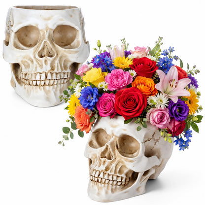 Acellegic 2 Pack Skull Planter Resin Skull Head Flower Pot Candy Bowl Spooky Gothic Decoration for Tabletop Home Bar Office Desk Halloween (Antique White, Minimalist)