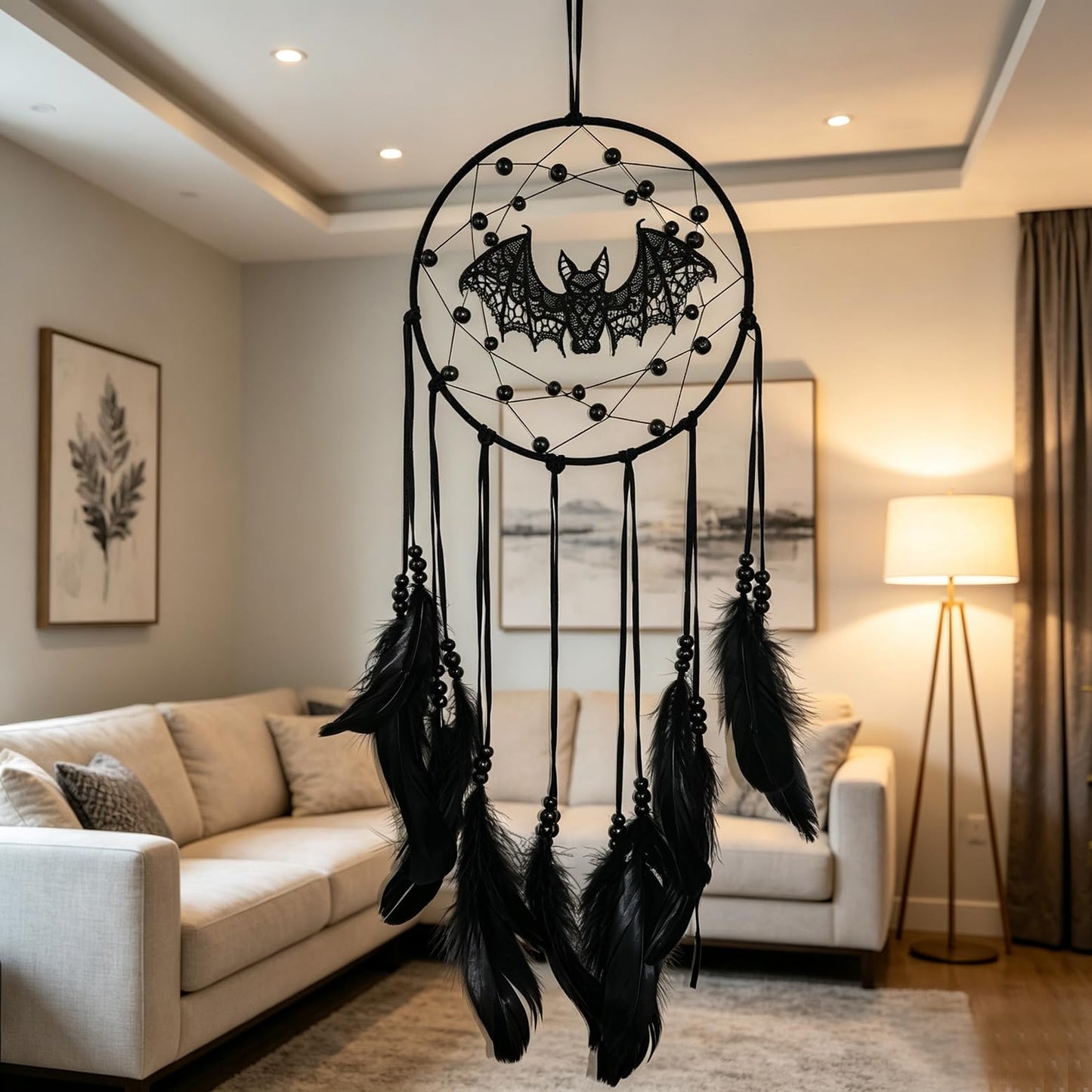Remorlet Halloween Gothic Black Dreamcatcher with Bats - Large Handmade Bohemian Wall Hanging for Witchy Home Outdoor Decor, Halloween Bat Decor, Dark Gothic Gift (Bat B)