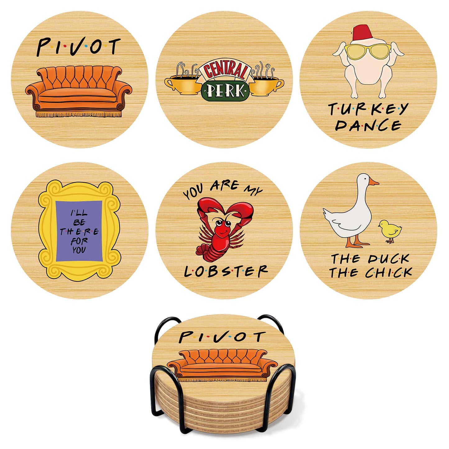6 PCS Friends Cork Coasters for Drinks, Friends TV Show Merchandise, Funny Wooden Coasters for Drinks with Coaster Holder Home Kitchen Decor, Friend Themed Gifts for Fans