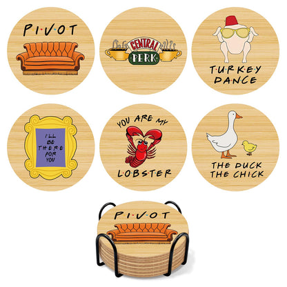 6 PCS Friends Cork Coasters for Drinks, Friends TV Show Merchandise, Funny Wooden Coasters for Drinks with Coaster Holder Home Kitchen Decor, Friend Themed Gifts for Fans
