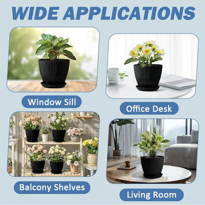 RooTrimmer 7.5 Inch Black Thickened Plastic Plant Pots with Saucers, 6-Pack Modern Seedling Planters for Indoor Outdoor Plants, Durable Heavy-Duty PP Material for Herbs Flowers Vegetables (＜8 inch)
