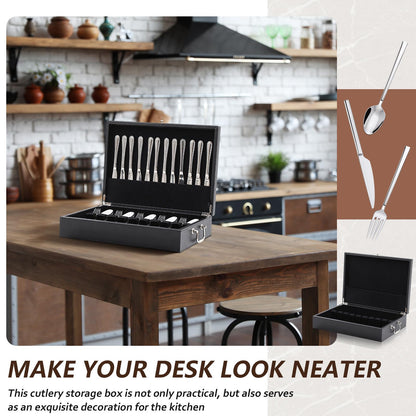 DoubleFill 1 Layer Leather Silverware Storage Box with Lid and Handles, Anti Tarnish Silverware Storage Chest Case with Felt-lined for 12 Sets of Utensils Flatware Gifts, 15.3x11.2x3.6 Inch