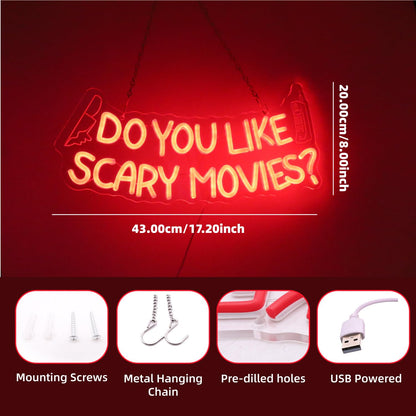 Do You Like Scary Movies LED Neon Sign Horror Movie Decor for Wall USB Powered Adjustable Brightness Easy Install Neon Lights for Room Halloween Decorations