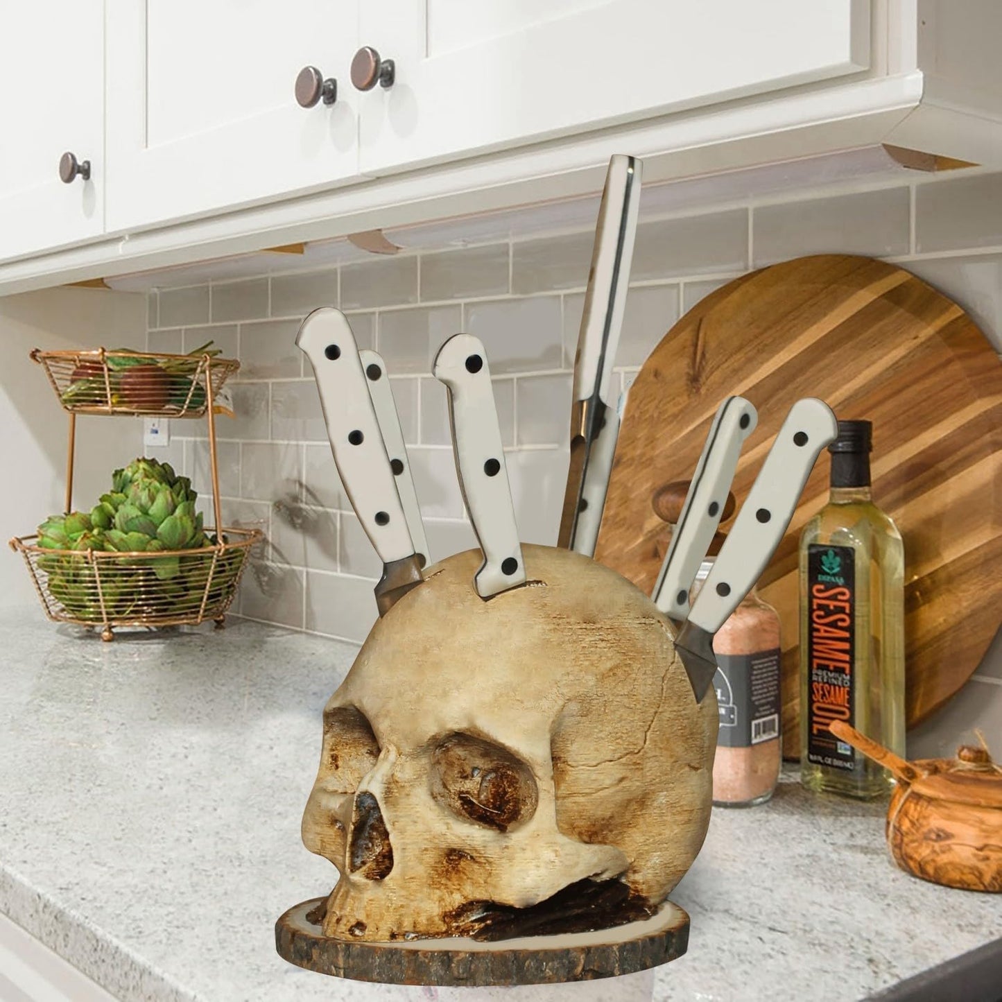 Skull Knife Holder for Kitchen: A Skeleton Knife Stand Doubling as Horror - Themed Kitchen Storage Head Rack. Ideal for Scary Party Decor, 15CM/5.9IN, Beige