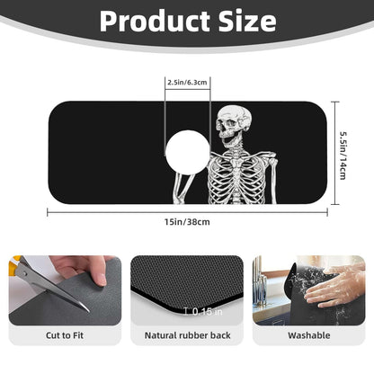Black Funny Skull Human Skeleton Halloween Kitchen Sink Splash Guard Faucet Mat Super Absorbent Fast Drying Mat Sink Gadgets-Fast Drying Pad Sink Mat For Kitchen Bathroom (15" X 5.5" )