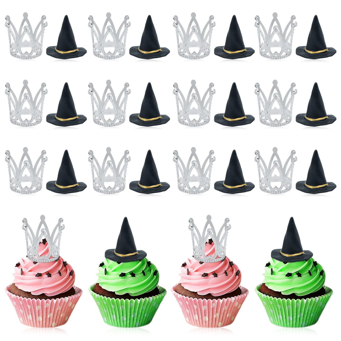 24 Pcs Witch Hat and Crown Cake Topper,Wicked Cake Topper and Wicked Cupcake Toppers,For Party, Birthday Cake, Craft Decoration