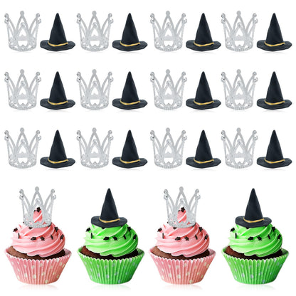 24 Pcs Witch Hat and Crown Cake Topper,Wicked Cake Topper and Wicked Cupcake Toppers,For Party, Birthday Cake, Craft Decoration