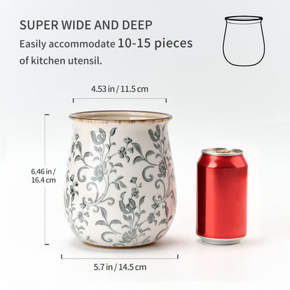 Utensil Holder for Kitchen Counter, Modern Farmhouse Cooking Utensil Holder and Crock Home Kitchen Decor, Ceramic Utensil Organizer for Spatula, Ladle, Eggbeater, Rolling Pin- Gray Flower Patterns