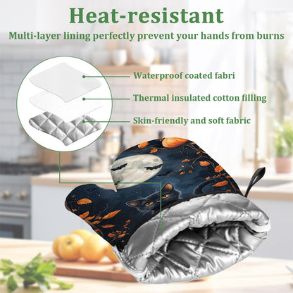 Halloween Black Cat Moon Pumpkin Oven Mitts and Pot Holders Set 4 Pcs Extra Long Heat Resistant Gloves Potholder for Baking, BBQ, Grilling