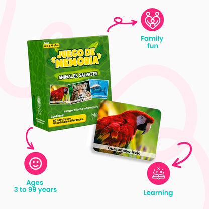 Menique Wild Animals Memory Matching Game – Spanish Edition – 80 Cards (40 Pairs) with Real Photos – Educational Game in Spanish for Kids and Adults – Includes Booklet