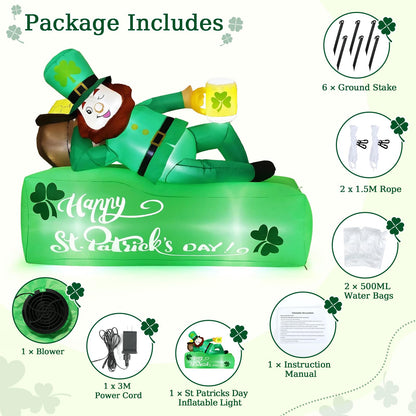 Lewondr 5.9FT St Patricks Day Inflatable Outdoor Decorations, Inflatable Leprechaun Lay on The Bed with Shamrocks, Blow up Yard Decoration with 6 Build-in Lights for Holiday Party Yard Lawn Garden