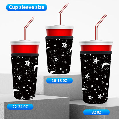 AUEKLLW 3 Pack Reusable Neoprene Insulator Sleeve for Iced Coffee Cups, Funny Coffee Cup Sleeves for 16-32oz Coffee cups, Cute Drink Sleeve for Cold Hot Beverages Cute Moon Star