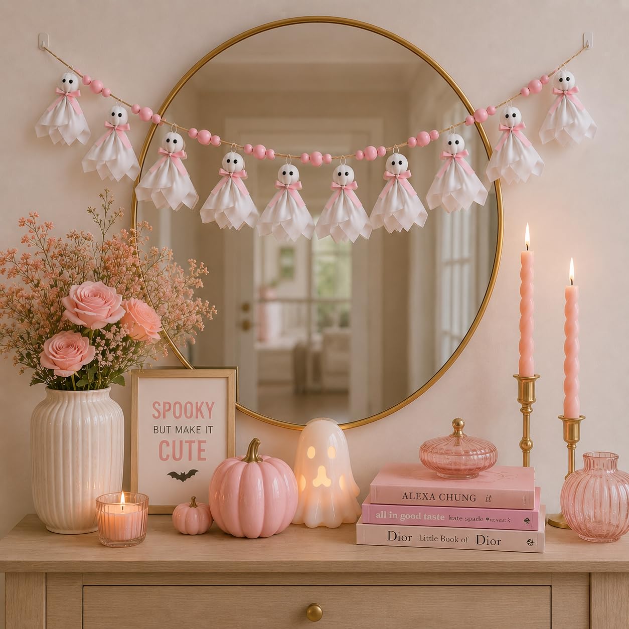 Craflox Pink Halloween Garland Ghost Decor, Pastel Girly Halloween Party Garland for Mantle, 6.6Ft Cute Spooky Pink Wooden Beads Decorations for Home Indoor, Handmade Banner