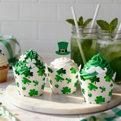 Whaline 120Pcs St. Patrick's Day Tulip Cupcake Liners Green Foil Shamrock Muffin Baking Cups Lucky Clover Cupcake Wrappers for Spring Irish Holiday Party Supplies Table Decor